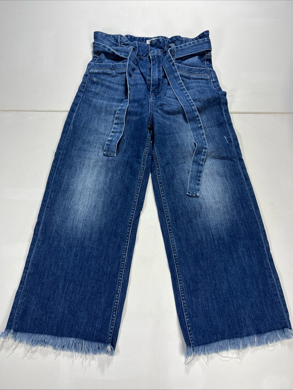 PAIGE Sutton Jeans Paperbag Crop Wide Leg Belted Pants Blue Womens 28
